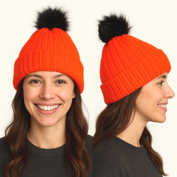 Hand Knit Neon Orange Beanie with Faux Fur Pom Pom - Picture 1 of 6